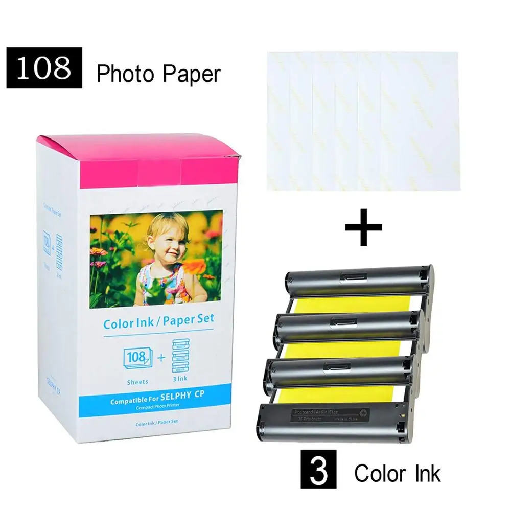 6 Inch Cartridge CP1300 Compatible For Canon Selphy Printer CP1200 CP910  CP900 3 Ink Cartrdige+108 Sheet Photo Paper KP-108IN