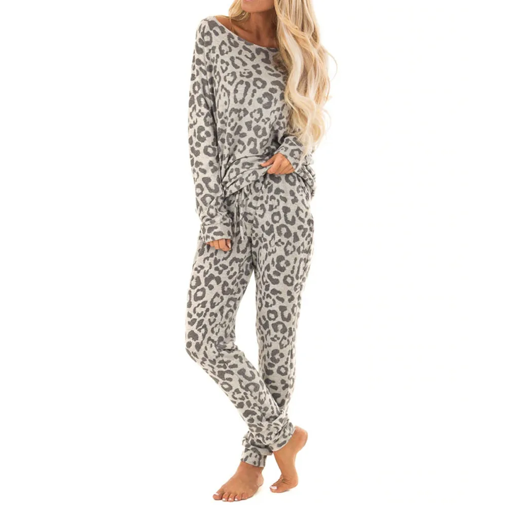 SAGACE Long Sleeve Top Full Pants 2pcs Women Set Tracksuit Leopard Print Sets Leisure Wear Lounge Home Casual Suits |