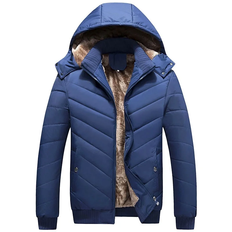 Winter Warm Men Jacket New Casual Hooded Park Coats Outwear Male Thicken Velvet Zipper Solid Overcoat Clothing Windproof - Цвет: WISH186 Blue