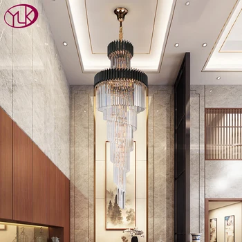 

Modern black loft chandelier lighting long staircase crystal light fixtures luxury lobby chain chandeliers cristal hanging lamp