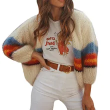 KLV свитер женский кардиган свитер женский модный Повседневный Цветной полосатый длинный рукав вязаный свитер кардиганы пальто D4