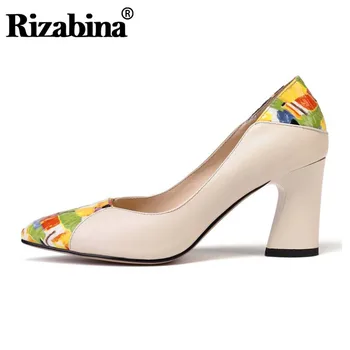 

RizaBina Fashion Lady Pumps Shoes Real Leather Thick Heels Shoes Women New Design Print Pointed Toe Office Footwear Size 34-39