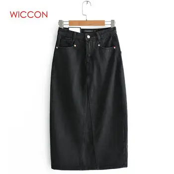 

Women Black Denim Skirts Vintage Ladies Midi Skirt Fashion Casual Brand Feminina Midi Calf Length Saias Faldas