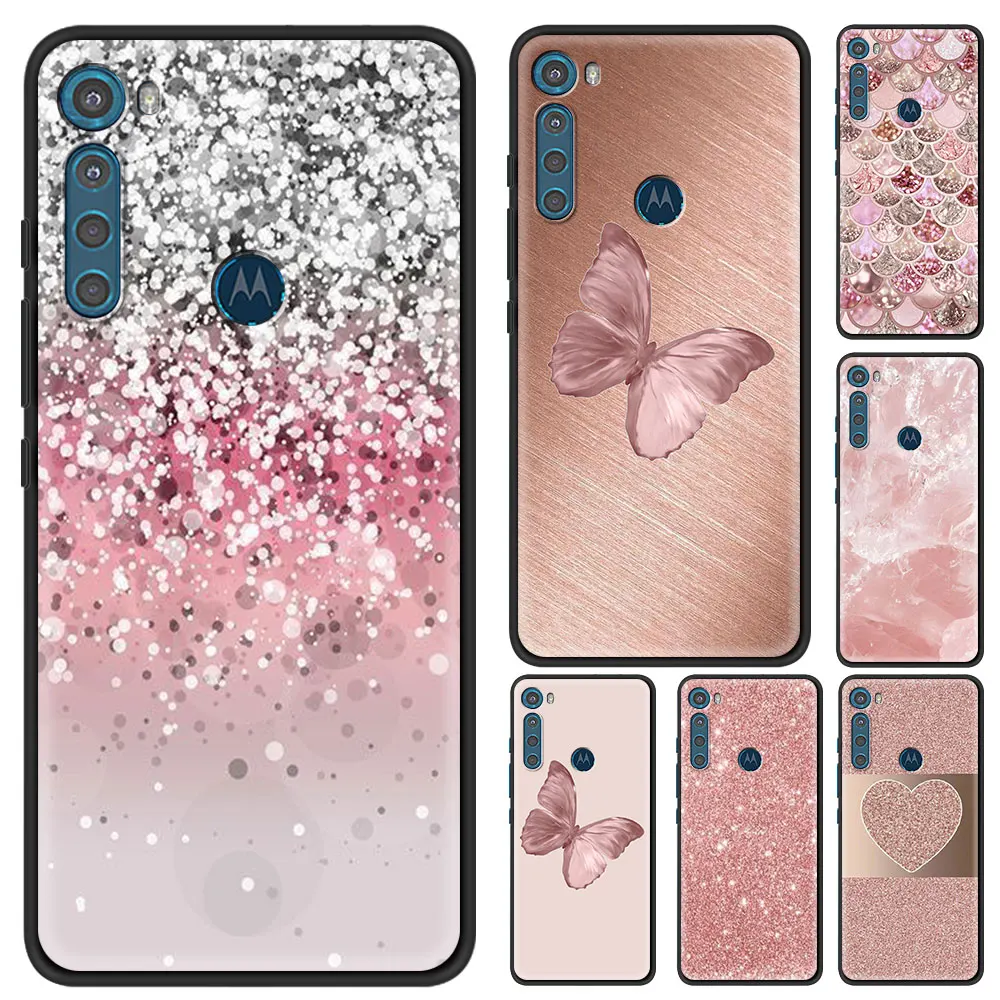 Black Case For Moto One Fusion G9 G8 Play Plus G10 Power G30 E6s One Hyper G Stylus Edge G60 G50 Gold Pink Rose Glitter Hearts