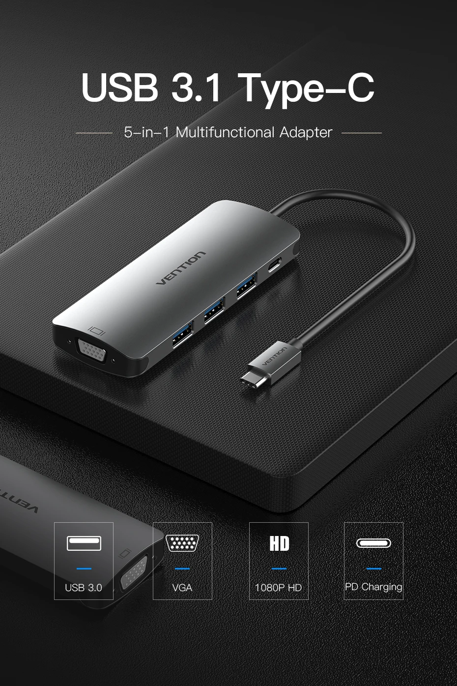 Vention USB C к VGA концентратор 1080P 60 Гц USB 3,0 концентратор тип-c к VGA конвертер для MacBook Pro Chromebook Pixel Thunderbolt 3 адаптер