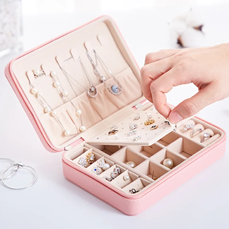 

New Zipper Jewelry Storage Box Multi-function Necklace Earring Ring Box for Jewelry Korean Style Mirror Jewelry Boxes Organizer