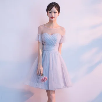 

2019 New Silver Grey O Neck Slim Short Bridesmaid Dress Fashion Illusion Plus Size Custom Made Lace Up Cheap Party Prom Gown