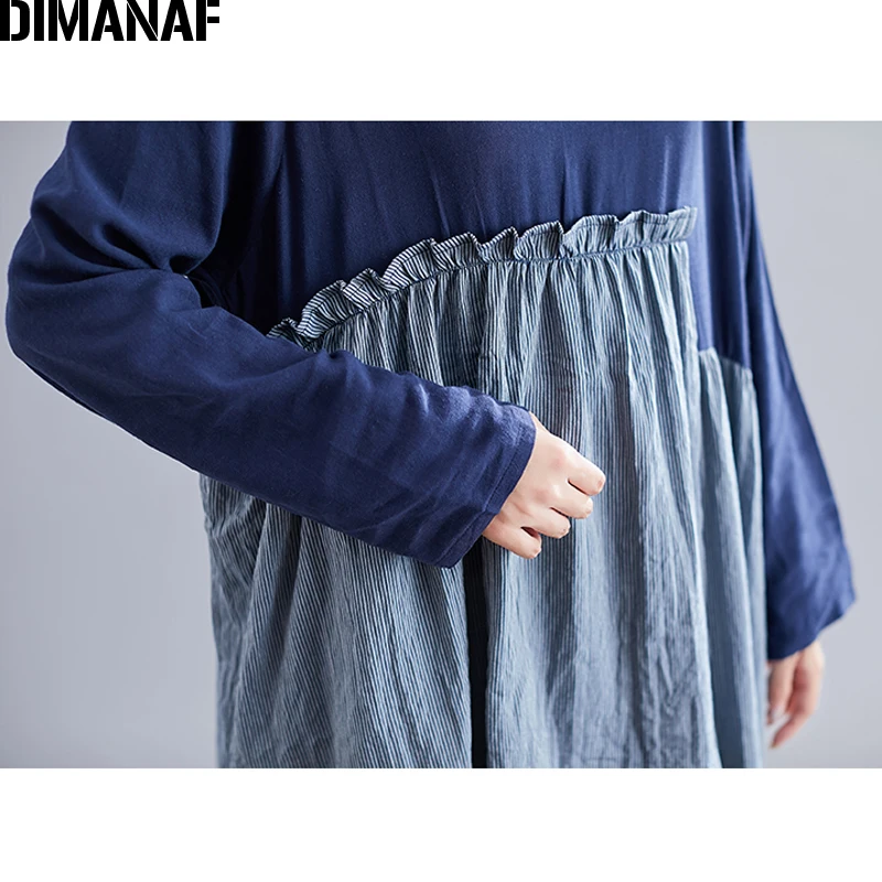 DIMANAF, женское платье, винтажное, размера плюс, осень, Vestidos, хлопок, лен, пэчворк, в полоску, женское, Elegnat, женское платье с длинным рукавом