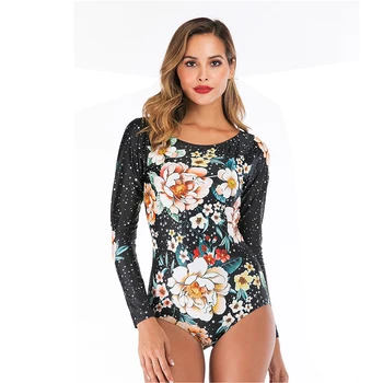 

2020 New Floral Patchwork Swimsuit Women Long Sleeve One Piece Suit High Neck Swimwear S-2XL Girl Beachwear Full Back Monokini