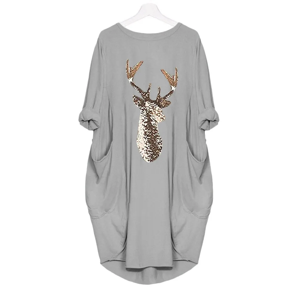 JAYCOSIN ladies dress winter large size round neck long sleeve solid color pocket dress Christmas antler print casual fashion