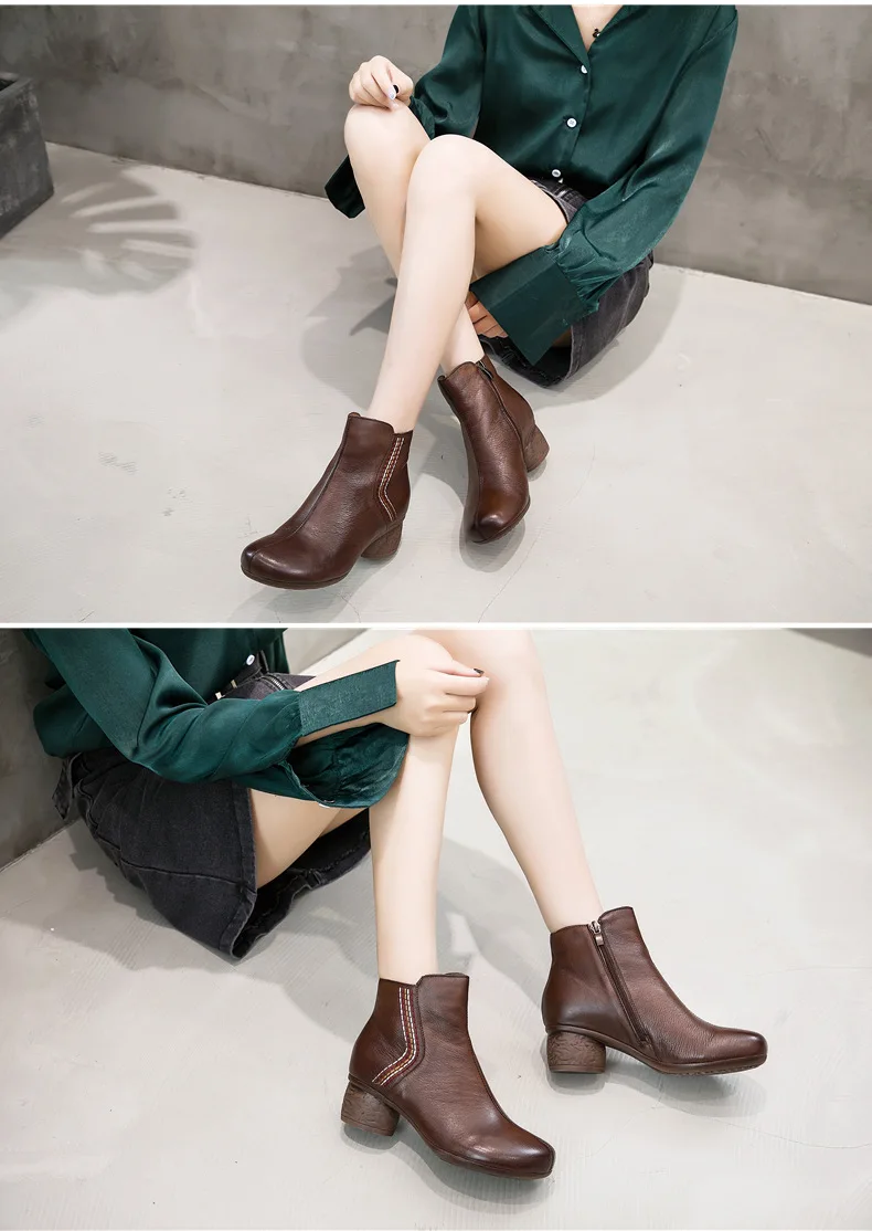 ALISHINREY/зимние ботинки; женские ботинки; Винтажная обувь из натуральной кожи на низком каблуке; обувь с круглым носком; Модные женские ботильоны