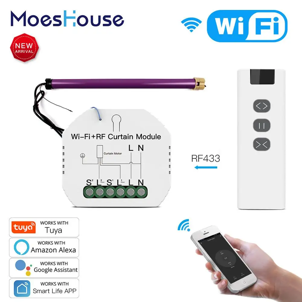 Moeshouse WiFi RF Módulo de persianas inteligentes, interruptor de persiana enrollable, Motor Tuya, Control remoto inalámbrico, trabajo con Alexa Google Home