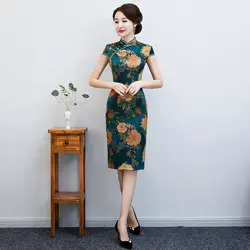 Атласное традиционное китайское платье Vestidos винтажное Qipao сексуальное Ципао с цветочным принтом Тонкое Qipao размер M-4XL