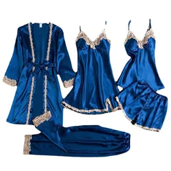 5PCS Sleepwear Female Pajamas Set Satin Pyjamamas Sexy Lace Patchwork Bridal Wedding Nightwear Rayon Home Wear Nighty&Robe Suit