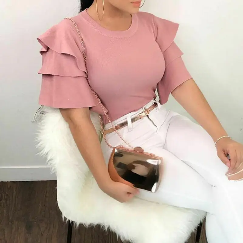 2020 Womens Sexy T Shirt Ruffled Short Sleeve tops Ladies Work OL Office Casual Tops female fashion Solid tees | Женская одежда
