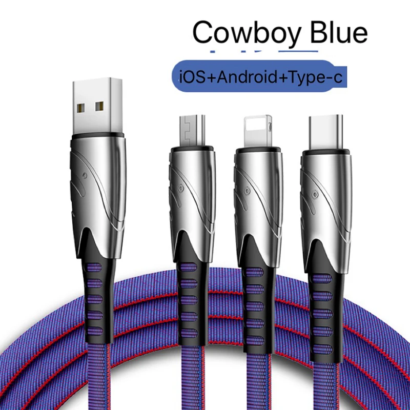 One Drag три линии передачи данных цинковый сплав для X XsMax 11pro Android type-c мобильный телефон Универсальная зарядная линия Быстрая зарядка 3A - Цвет: Blue