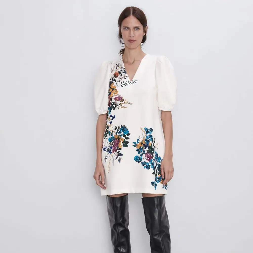 

2019 ZA Fashion White Printing Dress Women Early Autumn Trendy Embroider Chinese Style Vintage Dress Puff Sleeve Fall Clothing