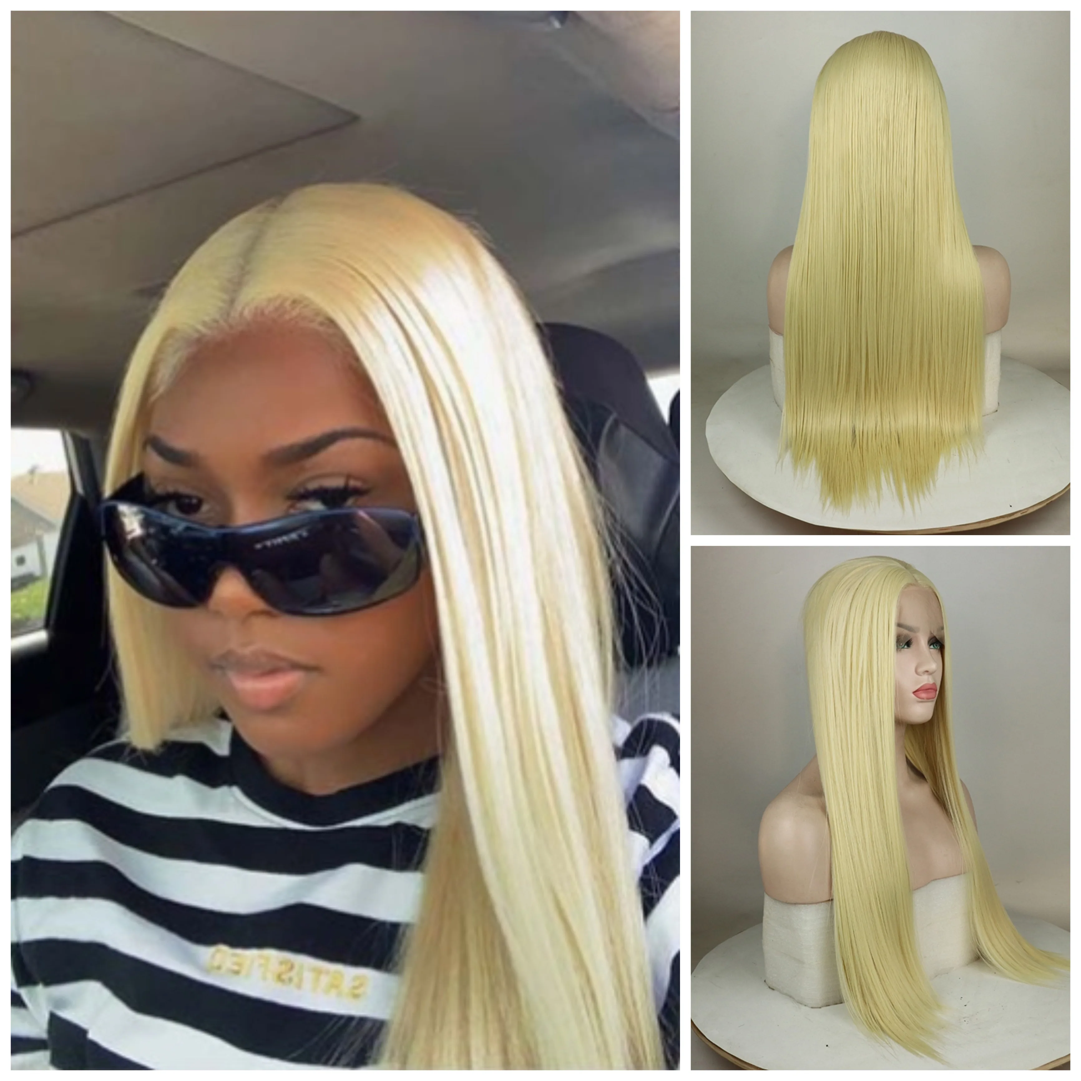 

Honey Blonde #613 Heat Resistant Fiber Hair Yaki Straight 13*4 Synthetic Lace Front Wig Natural Hairline For White Women Wigs
