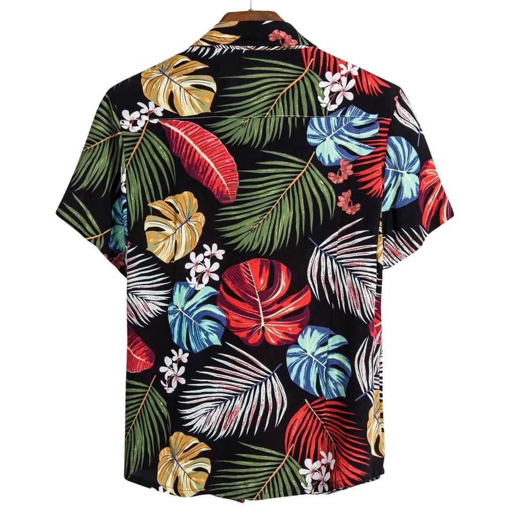 Мужские летние пляжные повседневные блузки, Мужская гавайская рубашка, этническая хлопковая винтажная уличная одежда с коротким рукавом и принтом#1224