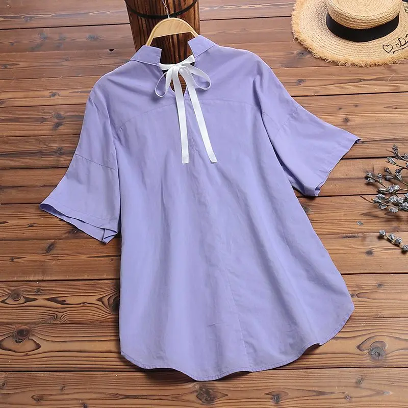 

2019 Summer Lace Up Blouse ZANZEA Women Solid Lapel Work Shirt Casual Short Sleeve Cotton Tunic Tops Female Elegant Blusas Mujer