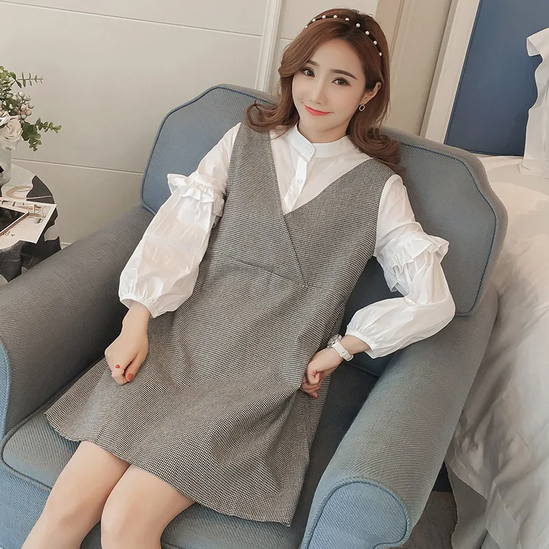 

Maternity Clothes Maternity Dress 2018 Spring And Autumn-Contrast Color Mock Two-Piece Nursing Three-quarter-length Sleeve Dress