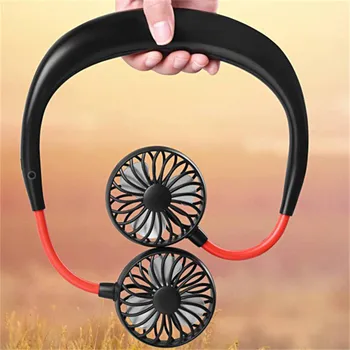 

LED Light USB Fan Rechargeable Neckband Lazy Neck Hanging Style Dual Cooling Fan Super strong wind Sports Mini Hand Free Fan