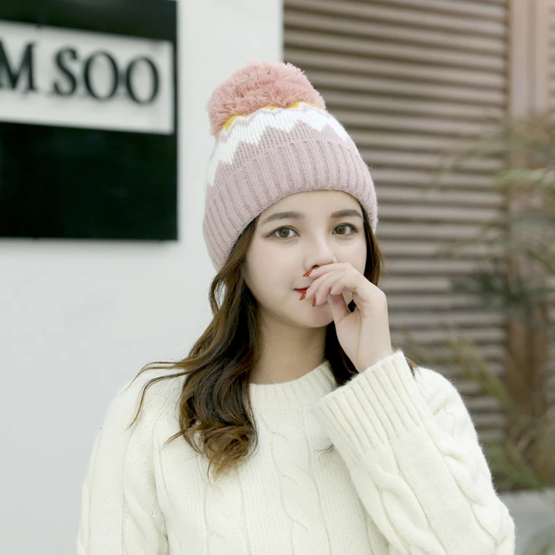 PINK HAT Новинка, модная женская шапка, шарф, набор для женщин, девушек, теплая шапка бини, женский шарф, помпоны, зимние шапки - Цвет: PINK HAT