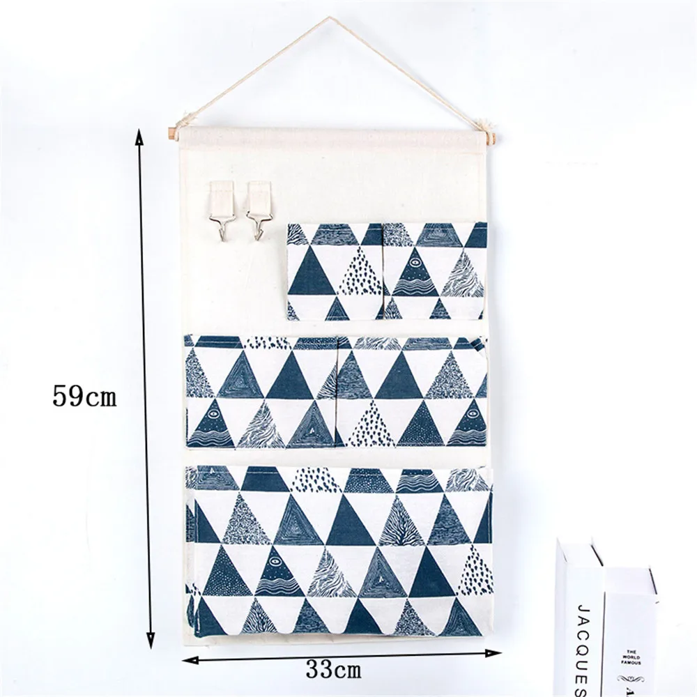 5 Pockets Wall Mounted Bag Waterproof Bedroom Home Storage Hanging Pocket with Hooks Cotton Linen Fabric Sundries Organizer 5