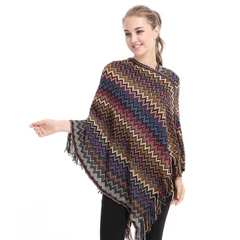 

2019 Fashion Women Winter Warm Coat Striped Knitted Tassel Shawls Poncho Capes Knitted Cashmere Shawl Cardigans Sweater Coat