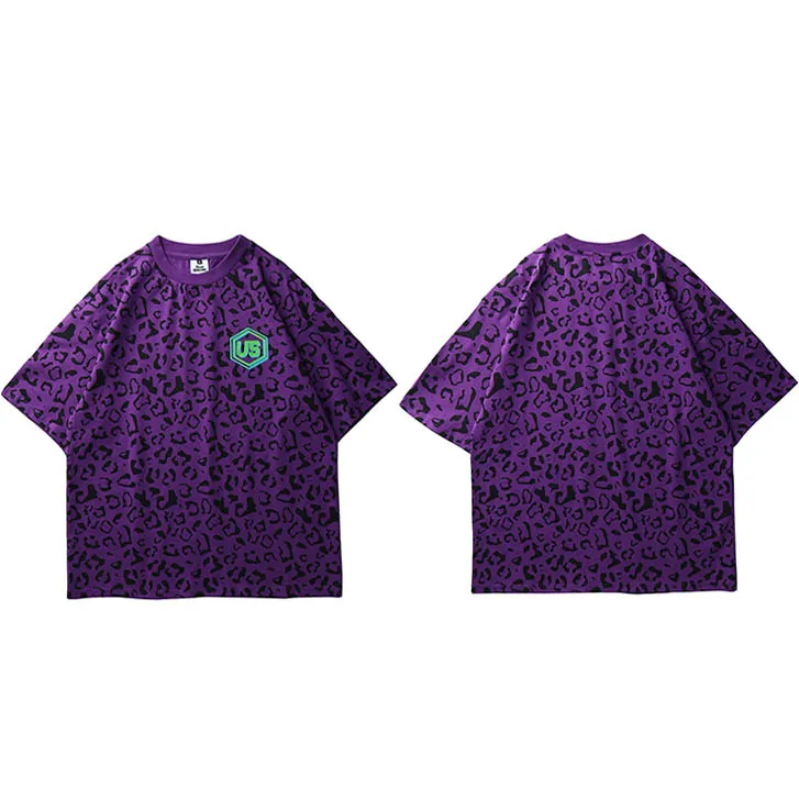 Уличный сверхразмерный хип-хоп Футболка Harajuku с леопардовым принтом летние топы с коротким рукавом, хлопковая фиолетовая свободная футболка - Цвет: A10T280 Purple