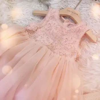 

Wholesale Girl Princess Dress Lace Flower Sleeveless 2020 Summer New Orange Pink Princess Dress Children Clothes 2-8Y DB002