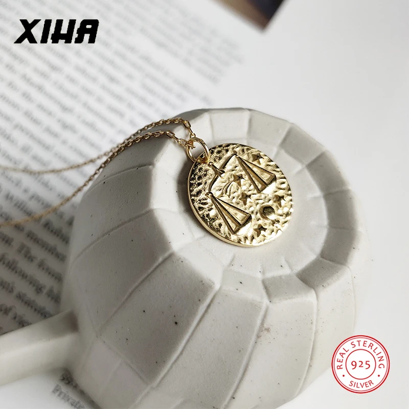 XIHA 925 пробы Серебряное ожерелье с подвеской в виде зодиака для женщин 12 созвездий золотого цвета круглое ожерелье с гравировкой