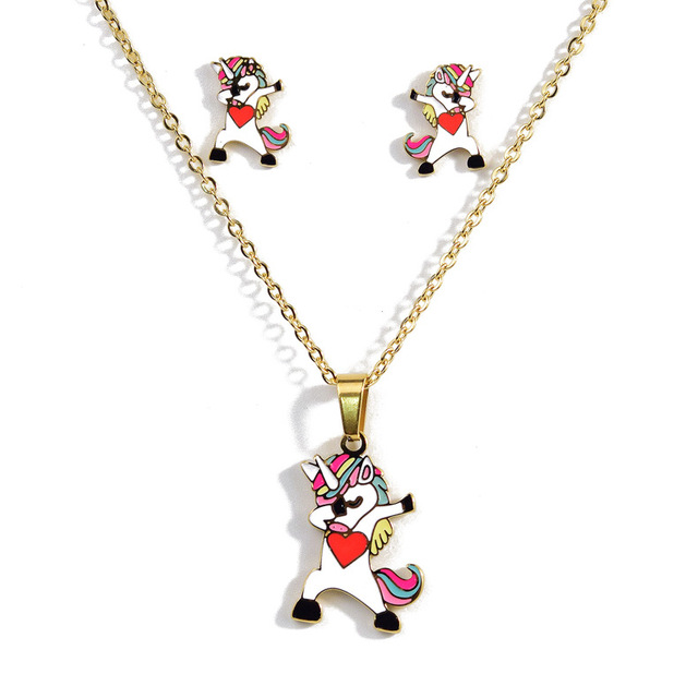 Cute Pink Horse Unicorn Design Enamel Stainless Steel Gold Color Necklaces earring Set Fashion Jewelry Kids Gift