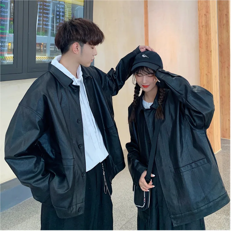 Autumn New Ins Washed Couple Long-sleeved Leather Fashion Casual Loose Solid Color Coat Jacket Tide Black S-XL