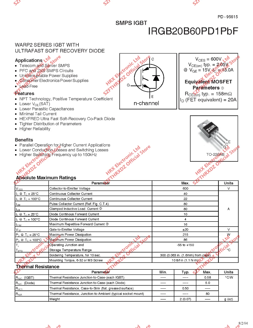 IRGB20B60PD1PBF GB20B60PD1-220 GB20B60PDI TO220 IGBT транзистор 600V 20A 50 шт./труба на солнечных батареях(10 шт