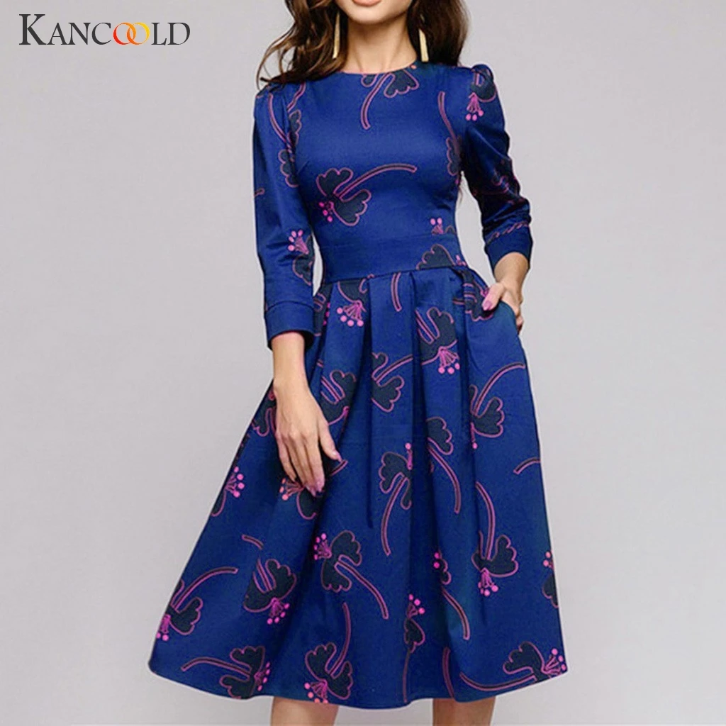 KANCOOLD женское модное платье с цветочным принтом и круглым вырезом 3/4 рукав карман
