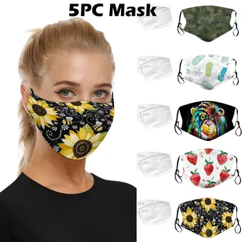 

5PCS flower printing Masks Women Face Washable Breathable Reusable Mask With10PCS Filters Combination for outing use