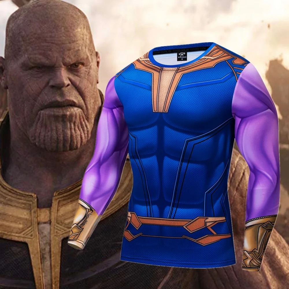 

Marvel Avengers Thanos Cosplay Compression Premium Print Costume T-shirt Finess Gym Quick-Drying Tight Tops