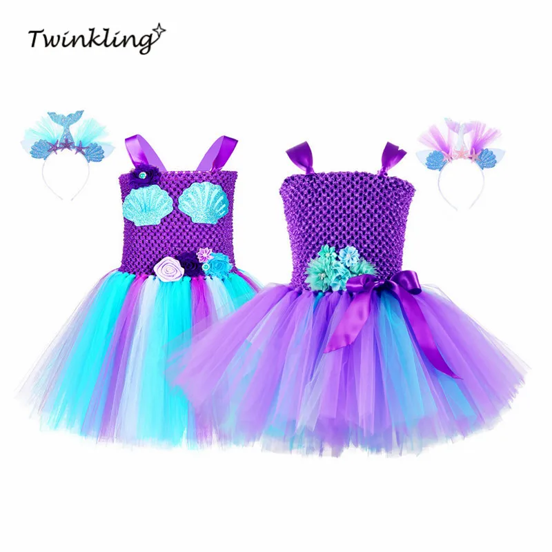 

Princess Mermaid Tutu Dress Girls Purple Blue Flower Shell Sequin Toddlers Birthday Tutu Dresses with headband Cosplay Costumes