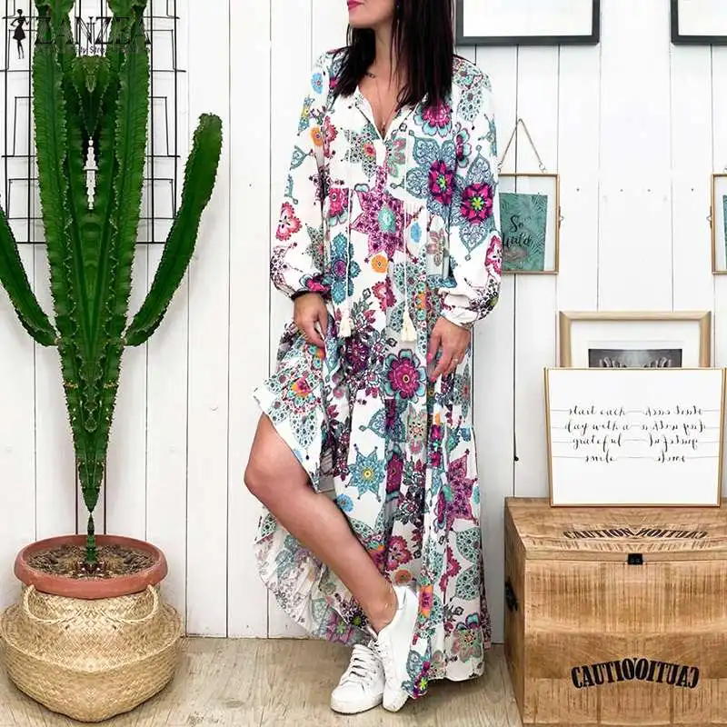 

Women's Printed Maxi Dress ZANZEA 2019 Bohemian Floral Sundress Casual Puff Sleeve Summer Vestidos Female V Neck Party Robe 5XL
