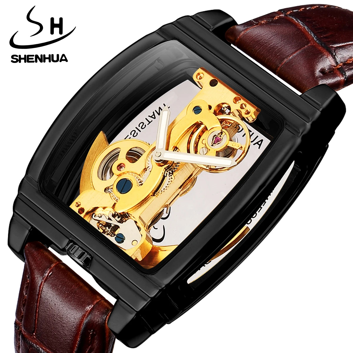SHENHUA Luxury Genuine Leather Black Texture Men Automatic Mechanical WristWatch Vintage Skeleton Tourbillon Self-Winding Clock