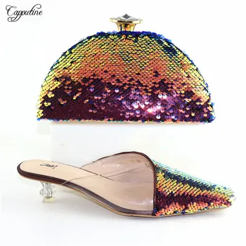 

Wonderful evening party lady medium heel shoes and purse bag sets with sequins CR421, heel height 4.5cm