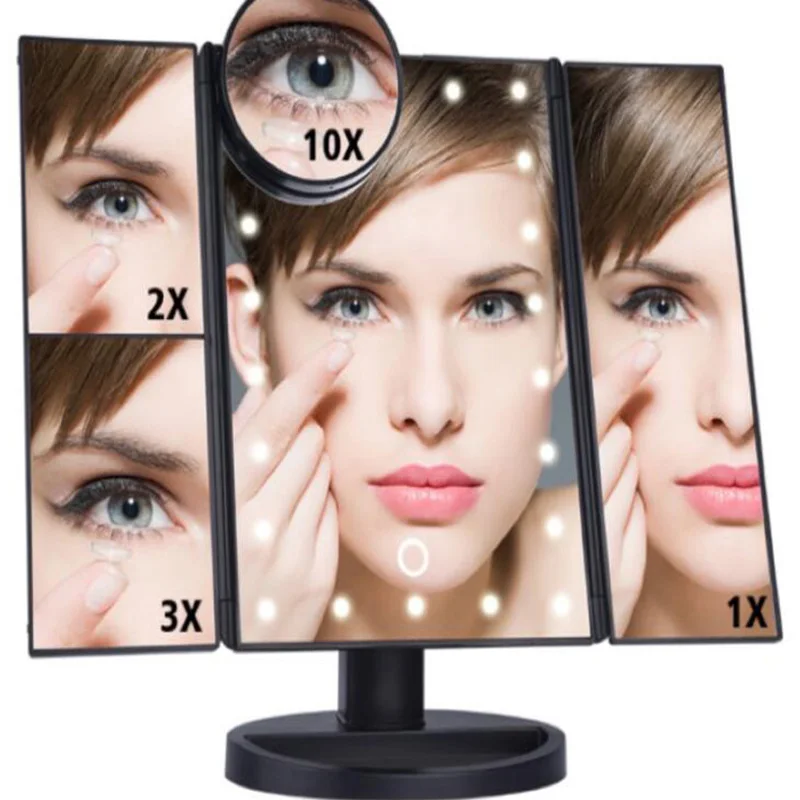 

LED Touch Screen Cosmetic Mirror Lady's Home Desktop Three Sided Folding MirrorWith Night Light High Definition Cosmetic Mirror