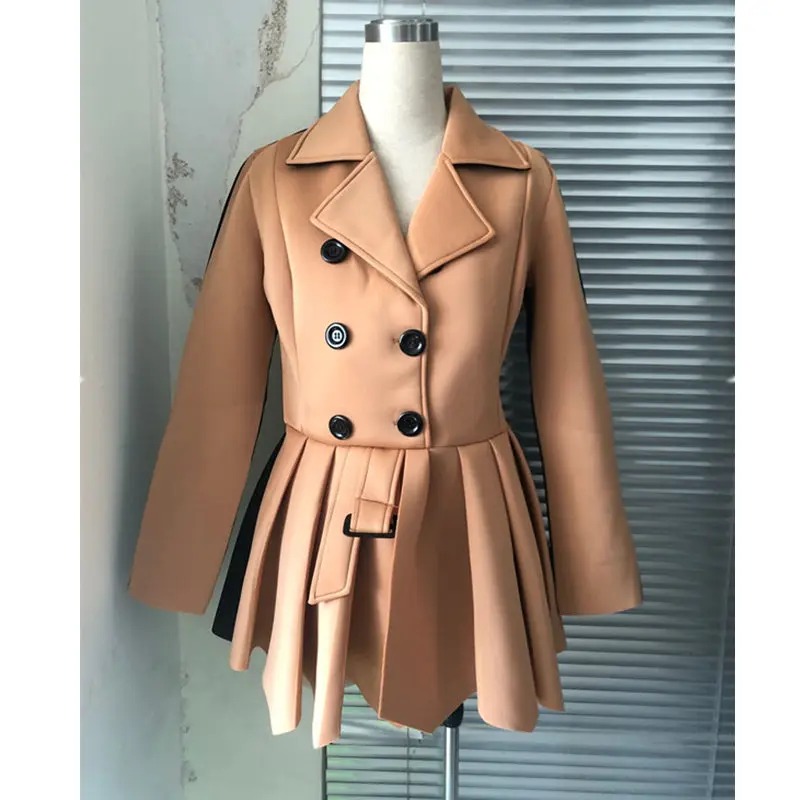 Women Autumn Winter Coat Long Sleeve Jackets Tops Pleated Patchwork Office Ladies Workwear Chic Streetwear Coats