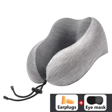 Oreiller de voyage en mousse à mémoire de forme en U, pour voiture, avion, Massage du cou, en coton, couleur unie, masque pour les yeux et bouchons d'oreilles gratuits