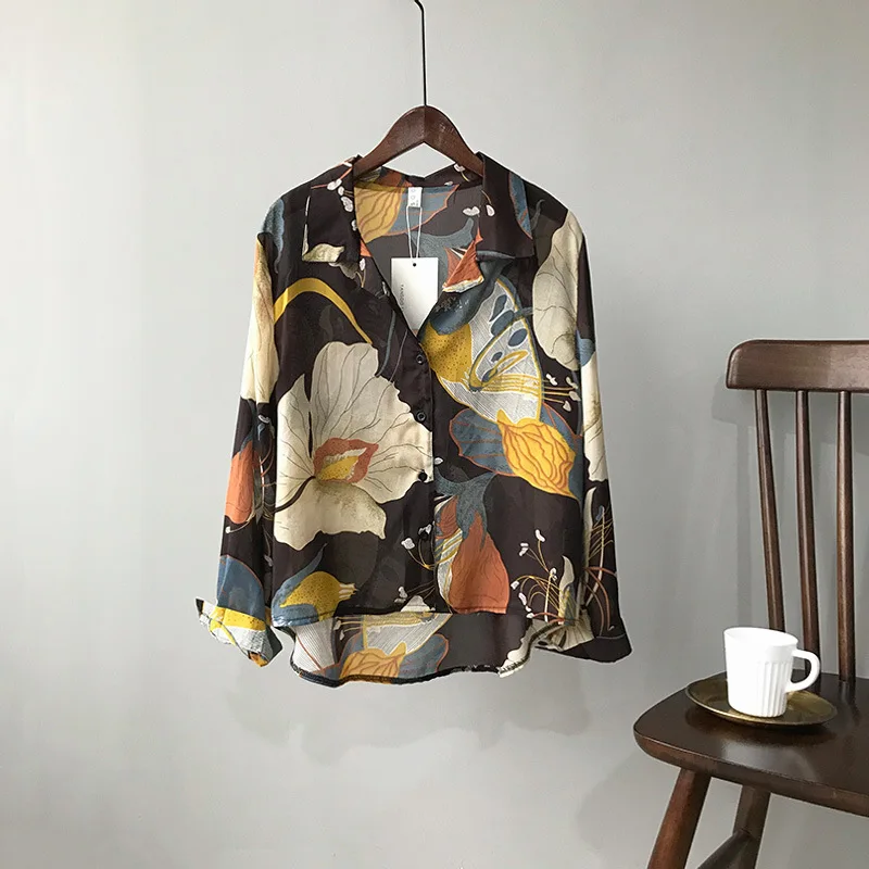 

20Spring Autumn Women's Chiffon Shirt Print Korean Retro Turn Down Collar Long Sleeve Flower Shirt Casual Loose Fashion Blouse