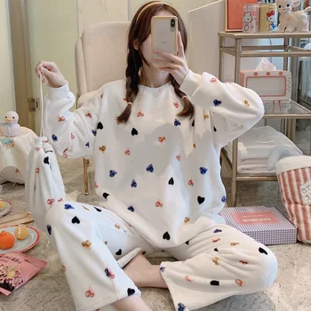 

Women's Pajamas Autumn and Winter Pajamas set Women Long Sleeve Sleepwear Flannel Warm Lovely Tops + Pants Sleep Pyjama Female