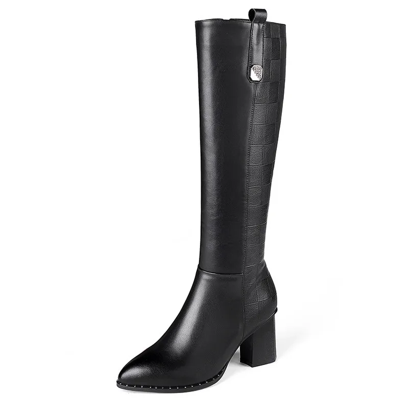 Cena Meotina zimowe buty do kolan kobiety naturalne prawdziwej skóry gruby wysoki obcas buty jeździeckie Zip Pointed buty z palcami pani jesień 34 42