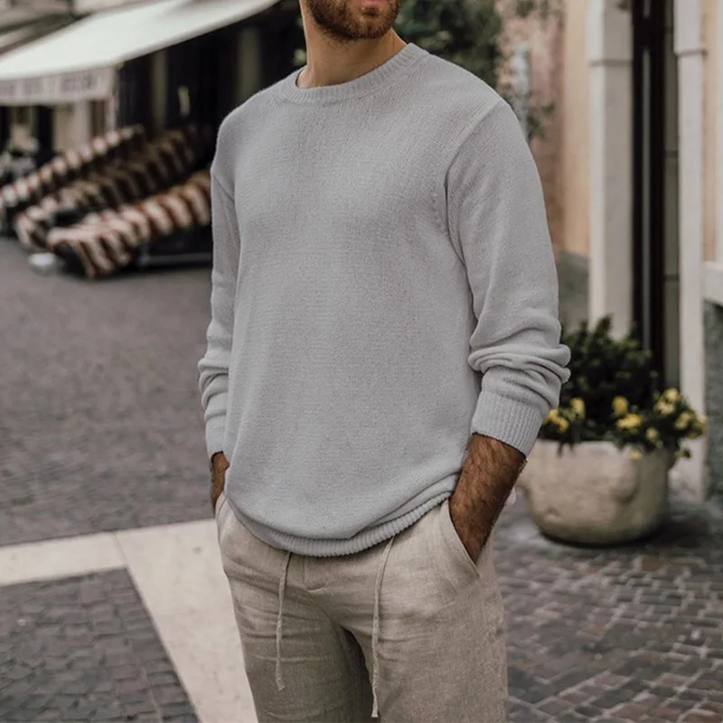 Мужские модные однотонные простые свитера с круглым вырезом и длинным рукавом, мужские свободные приталенные повседневные трикотажные пуловеры, базовые рубашки Новинка