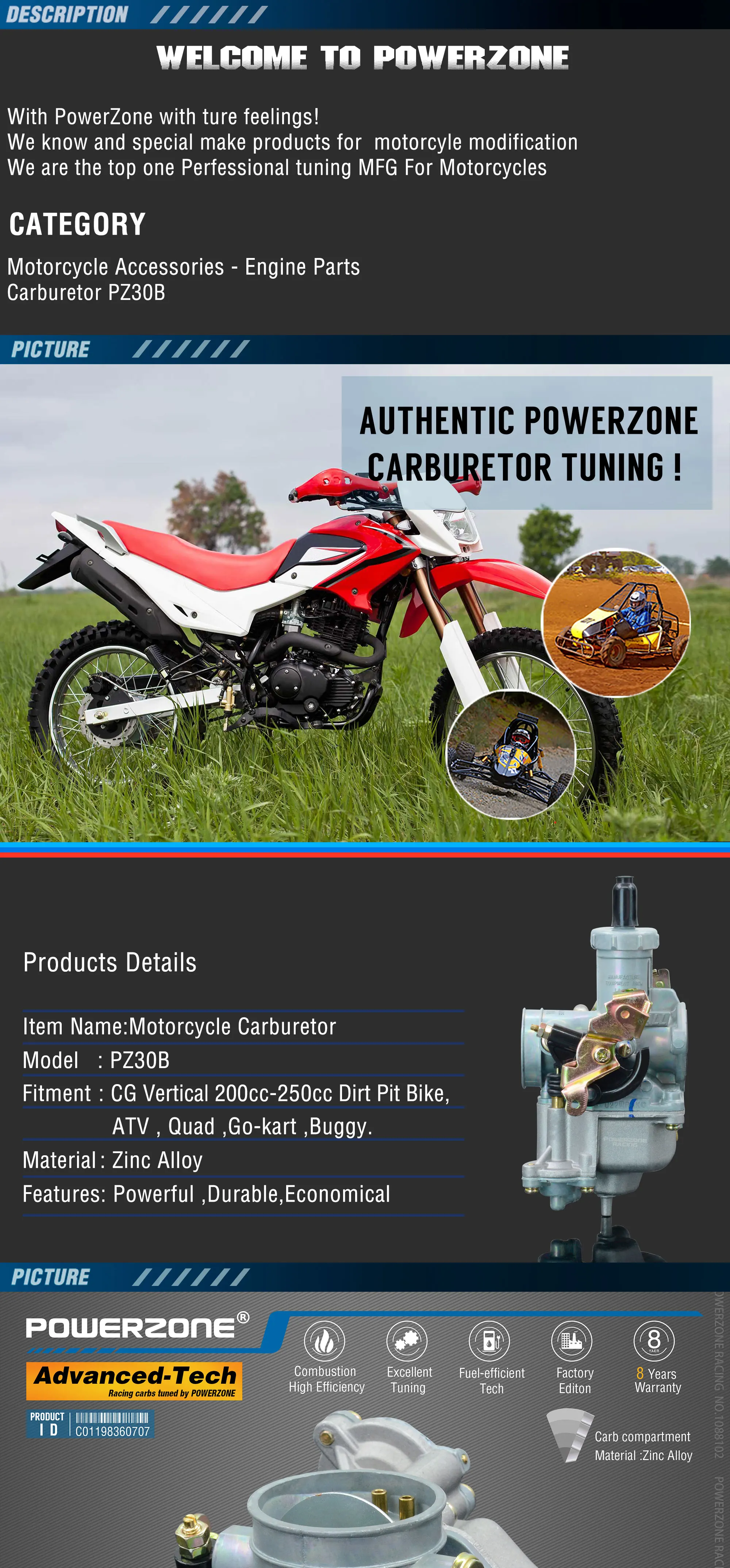 Powerzone карбюратор PZ30B 30 мм CVK Ускорительный Насос Carb для CG Vertical 200cc-250cc Dirt Pit Bike, ATV, Quad, Go-kart, багги